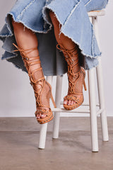 AZALEA WANG ISARIA TAN STUD EMBELLISHED GLADIATOR PLATFORM STILETTO