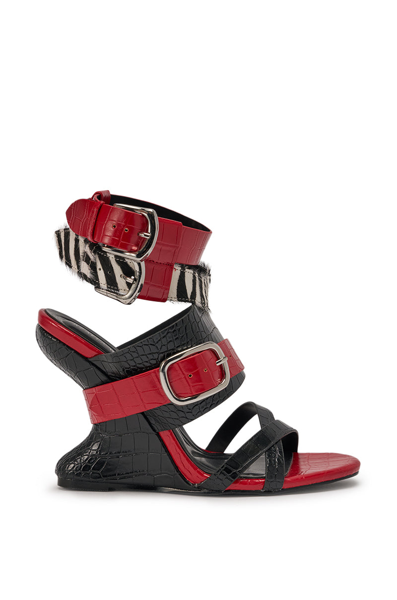 AZALEA WANG ISKRA RED MULTI STRAP NOVELTY WEDGE SANDAL