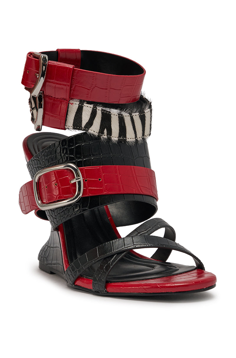 AZALEA WANG ISKRA RED MULTI STRAP NOVELTY WEDGE SANDAL