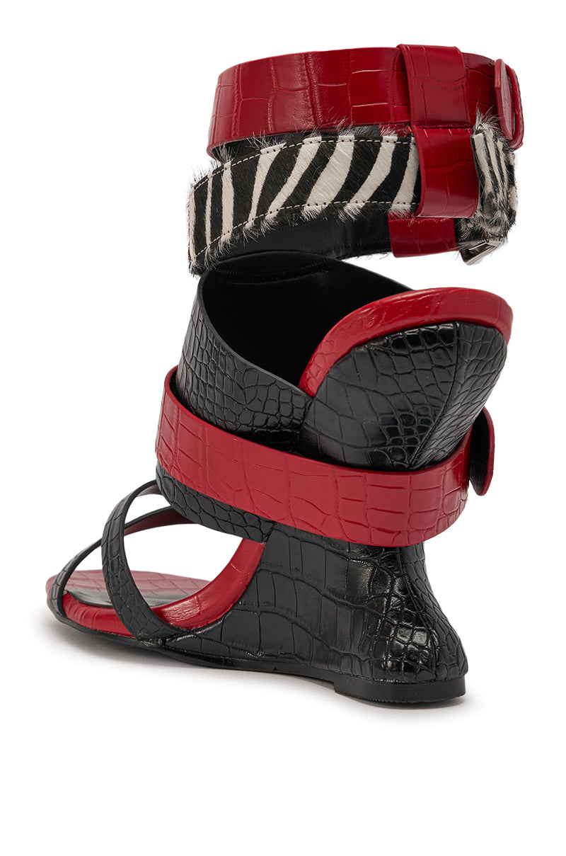 AZALEA WANG ISKRA RED MULTI STRAP NOVELTY WEDGE SANDAL