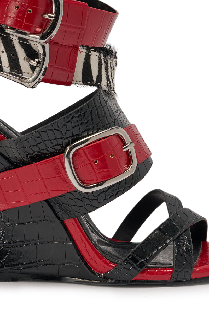AZALEA WANG ISKRA RED MULTI STRAP NOVELTY WEDGE SANDAL