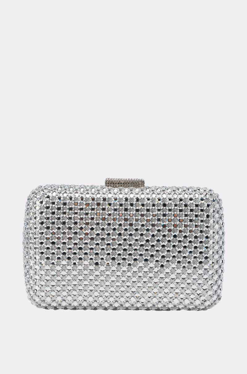 ELECTRIC AURA RHINESTONE CLUTCH IN SILVER
