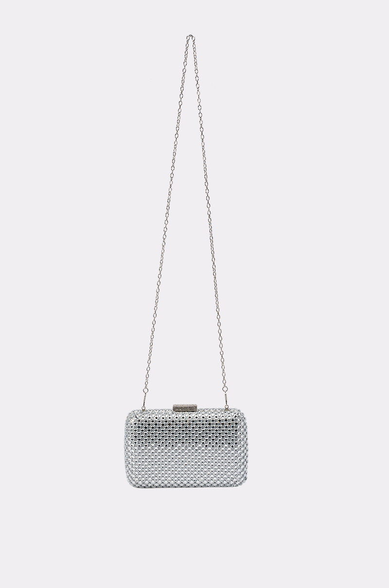 ELECTRIC AURA RHINESTONE CLUTCH IN SILVER