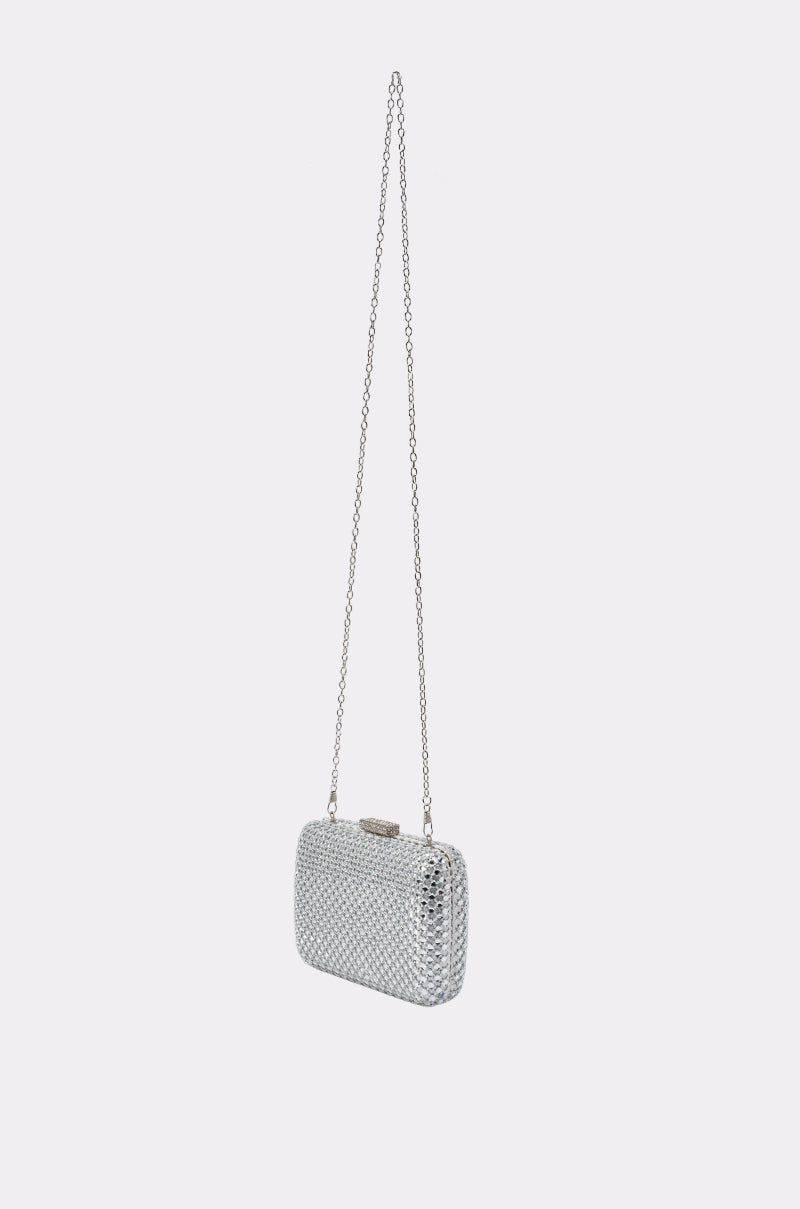 ELECTRIC AURA RHINESTONE CLUTCH IN SILVER
