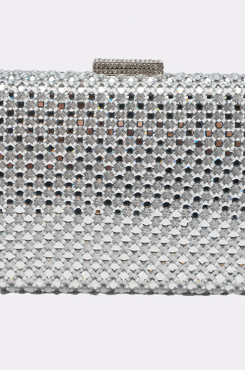 ELECTRIC AURA RHINESTONE CLUTCH IN SILVER