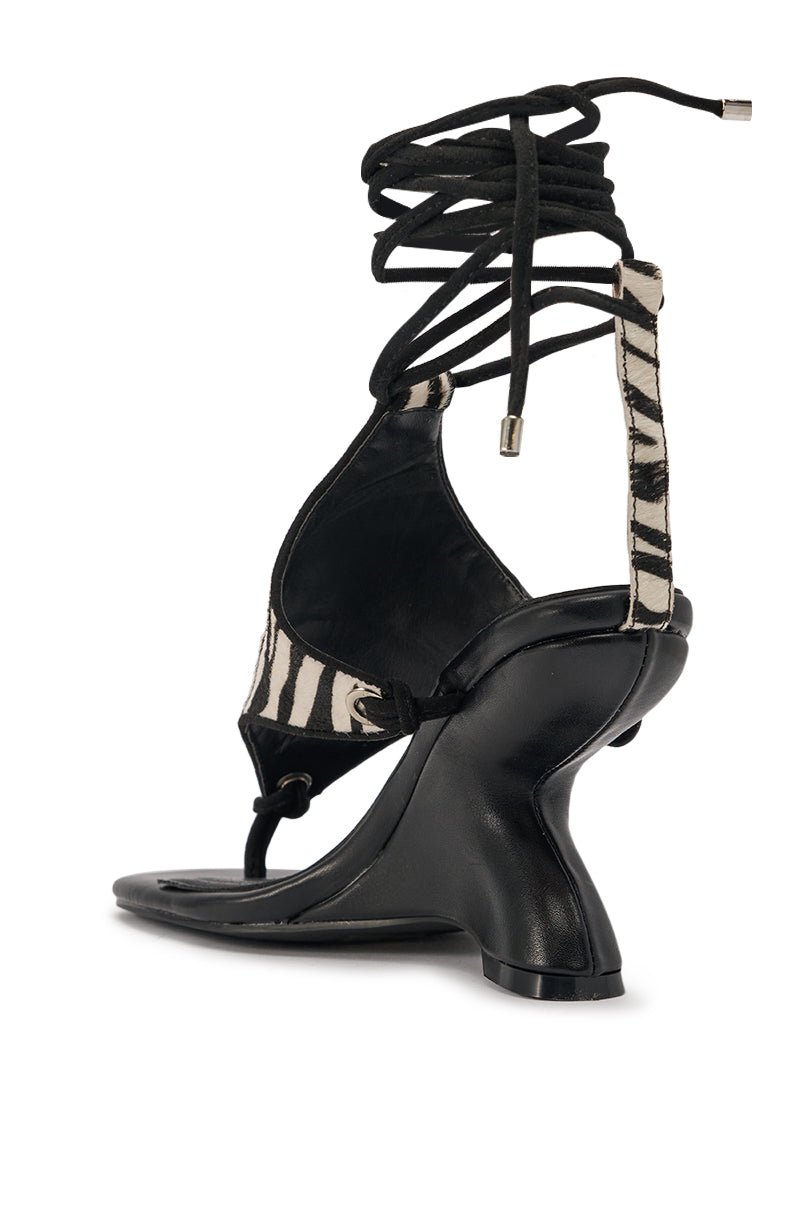 AKIRA GOLD JANA BLACK ZEBRA CALF HAIR PRINT WEDGE SANDAL
