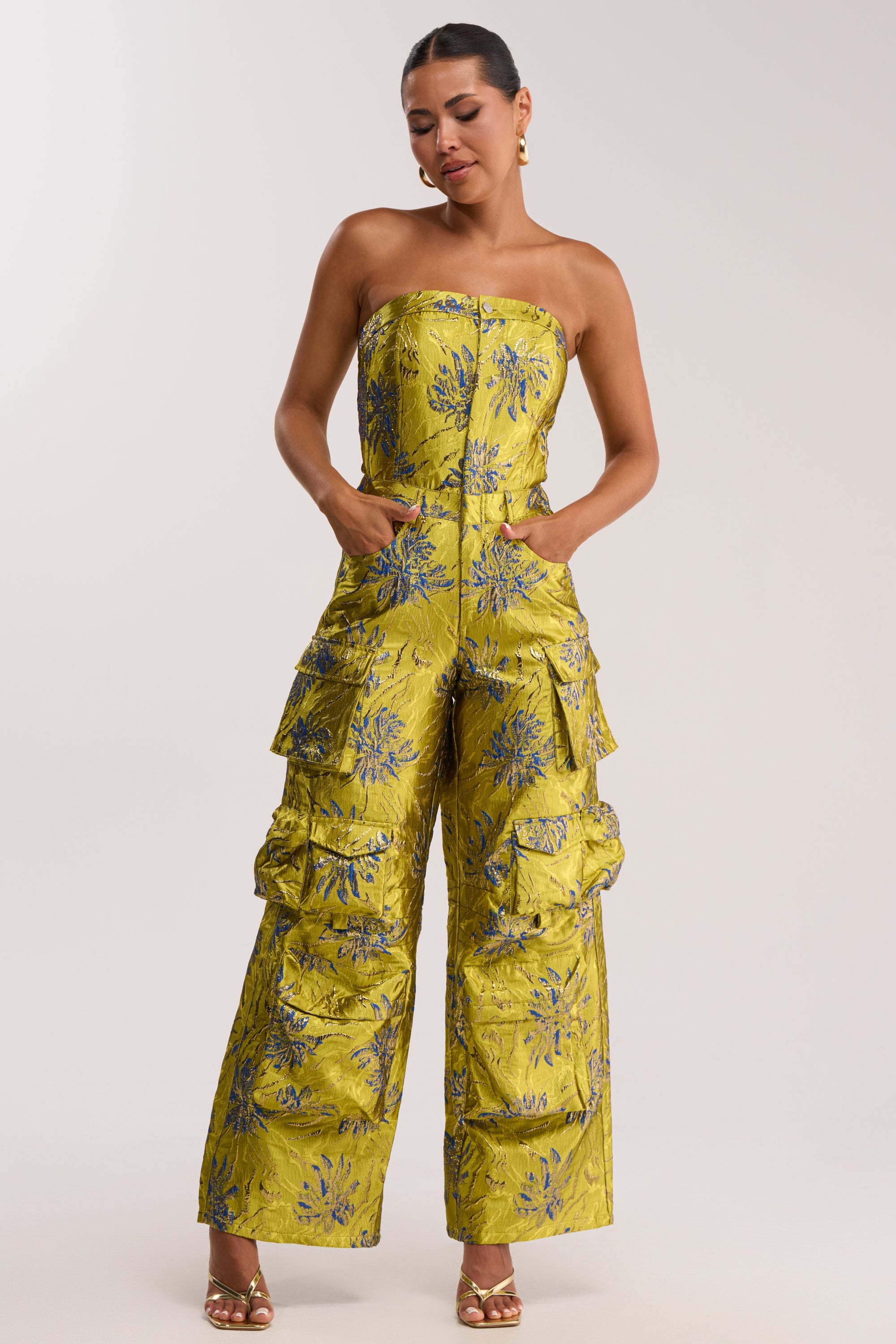 NIKKI BROCADE JUMPSUIT IN GREEN