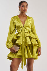 ARIANA SATIN RUFFLED MINI DRESS IN GREEN