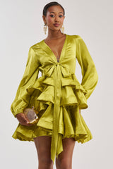 ARIANA SATIN RUFFLED MINI DRESS IN GREEN