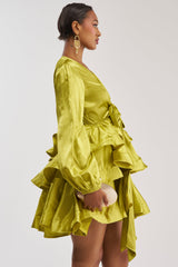 ARIANA SATIN RUFFLED MINI DRESS IN GREEN