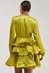 ARIANA SATIN RUFFLED MINI DRESS IN GREEN