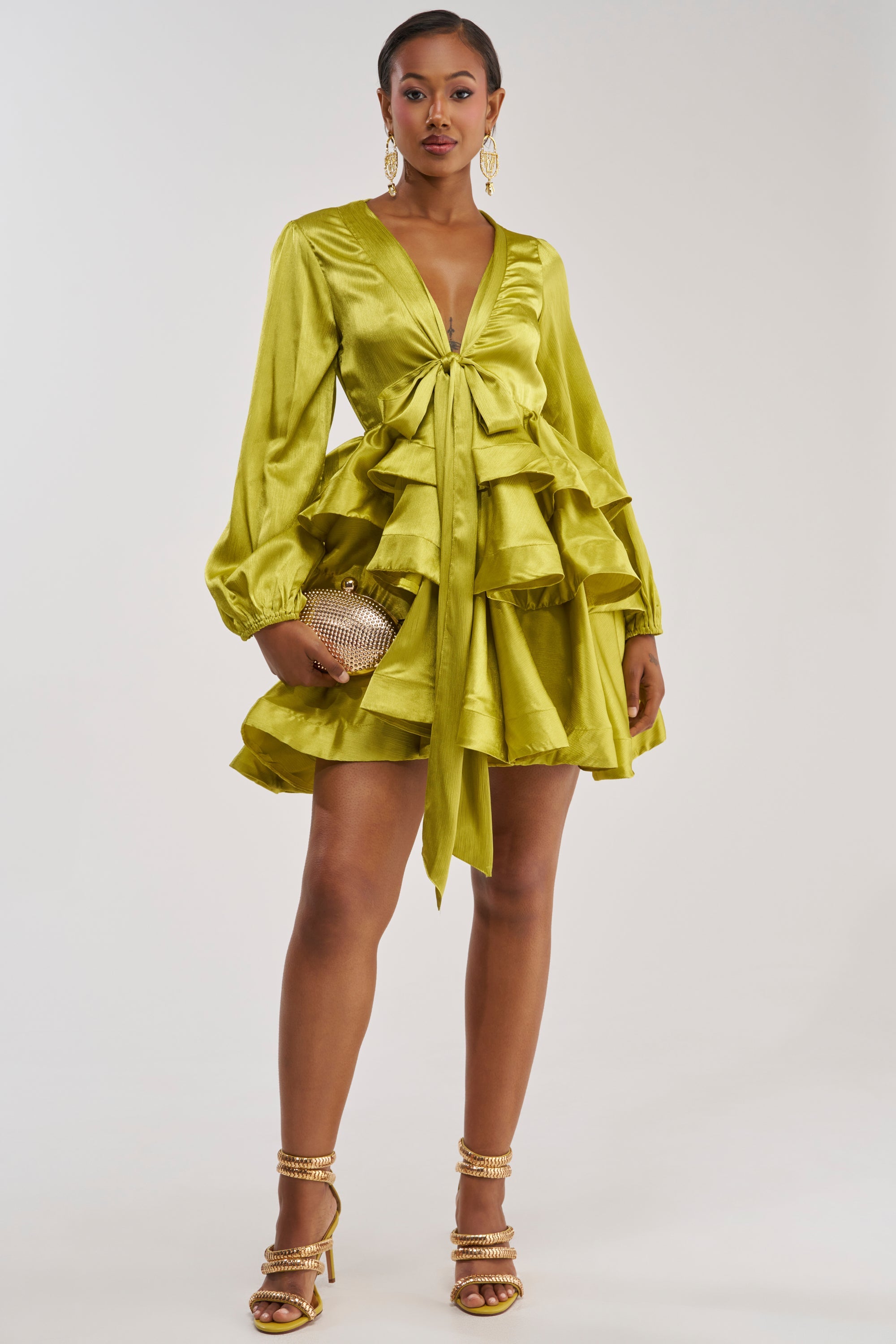 ARIANA SATIN RUFFLED MINI DRESS IN GREEN