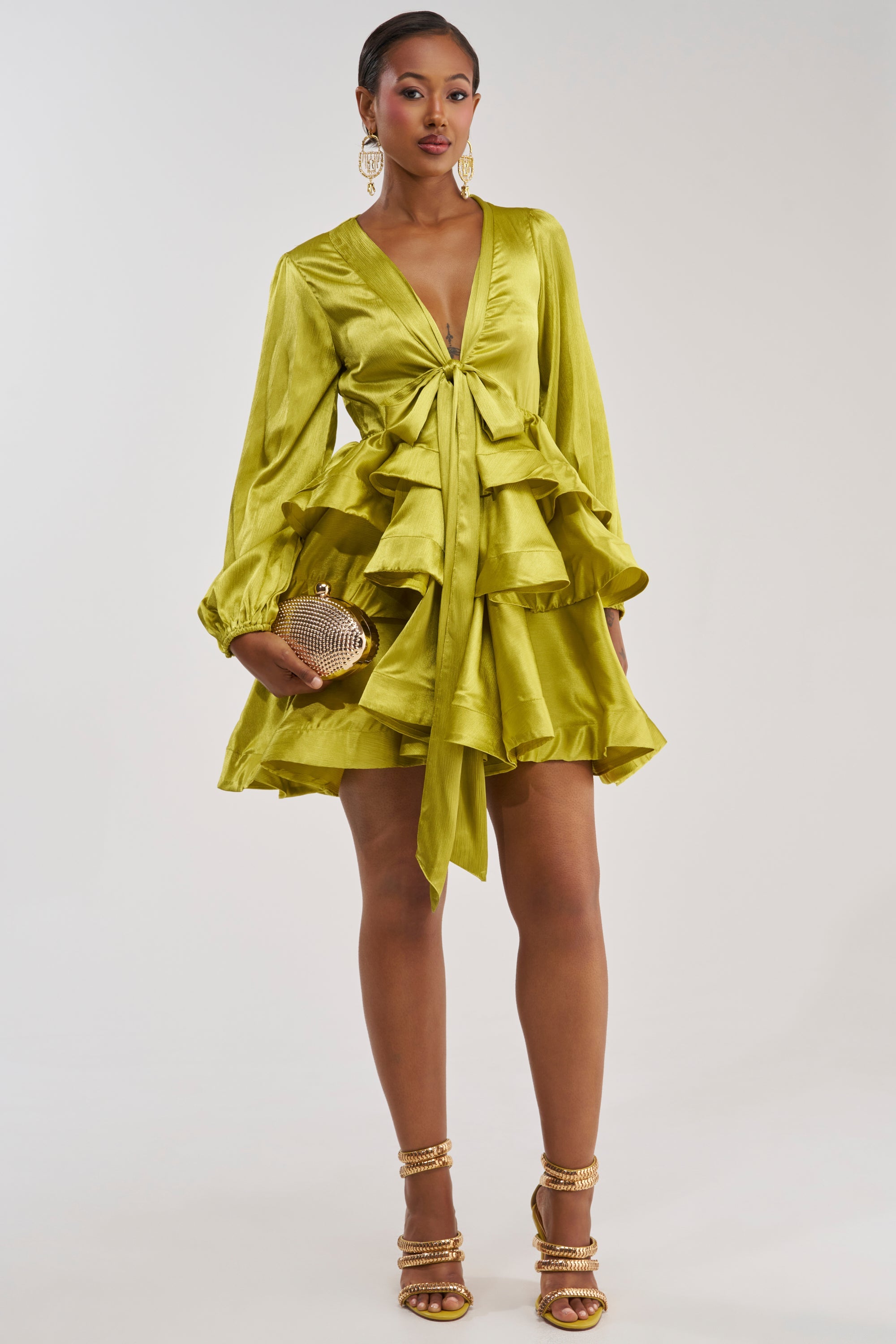 ARIANA SATIN RUFFLED MINI DRESS IN GREEN