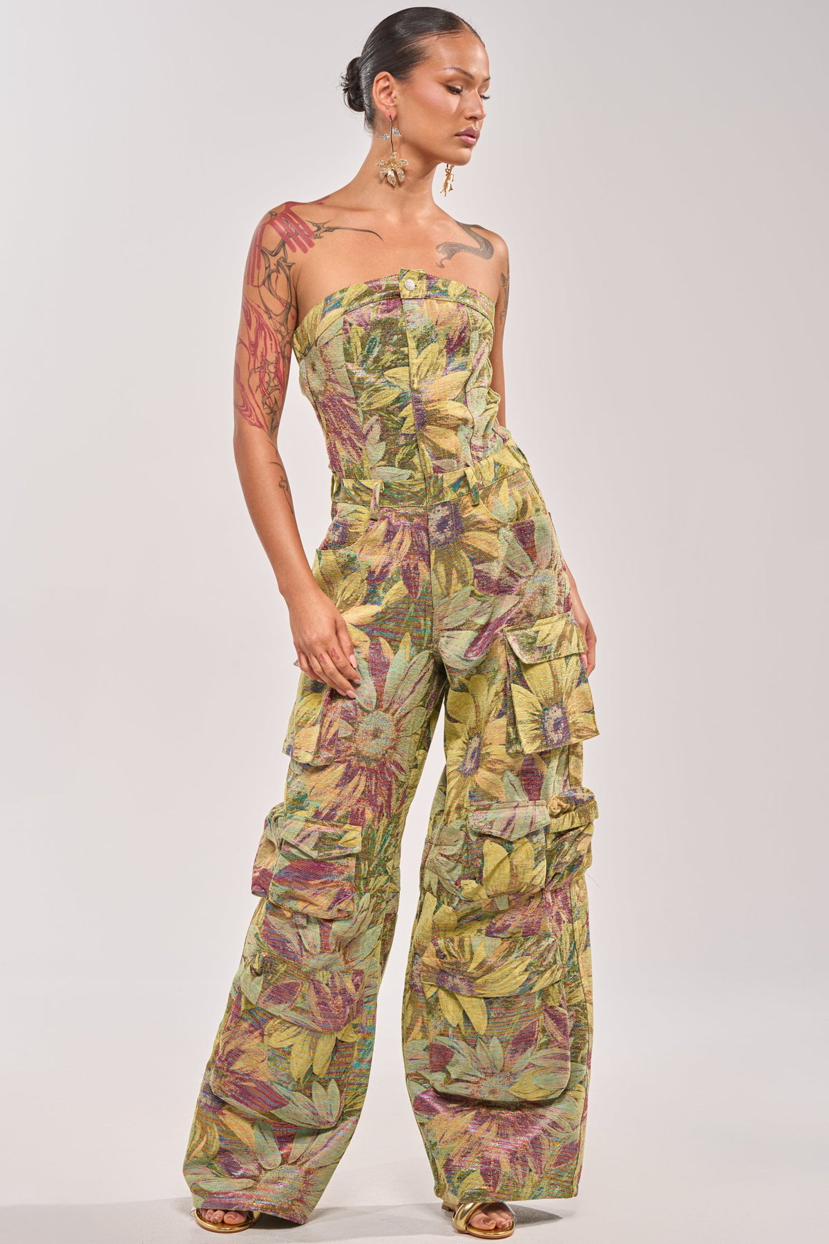 SMELL THE FLOWERS BROCADE STRAPLESS JUMPSUIT