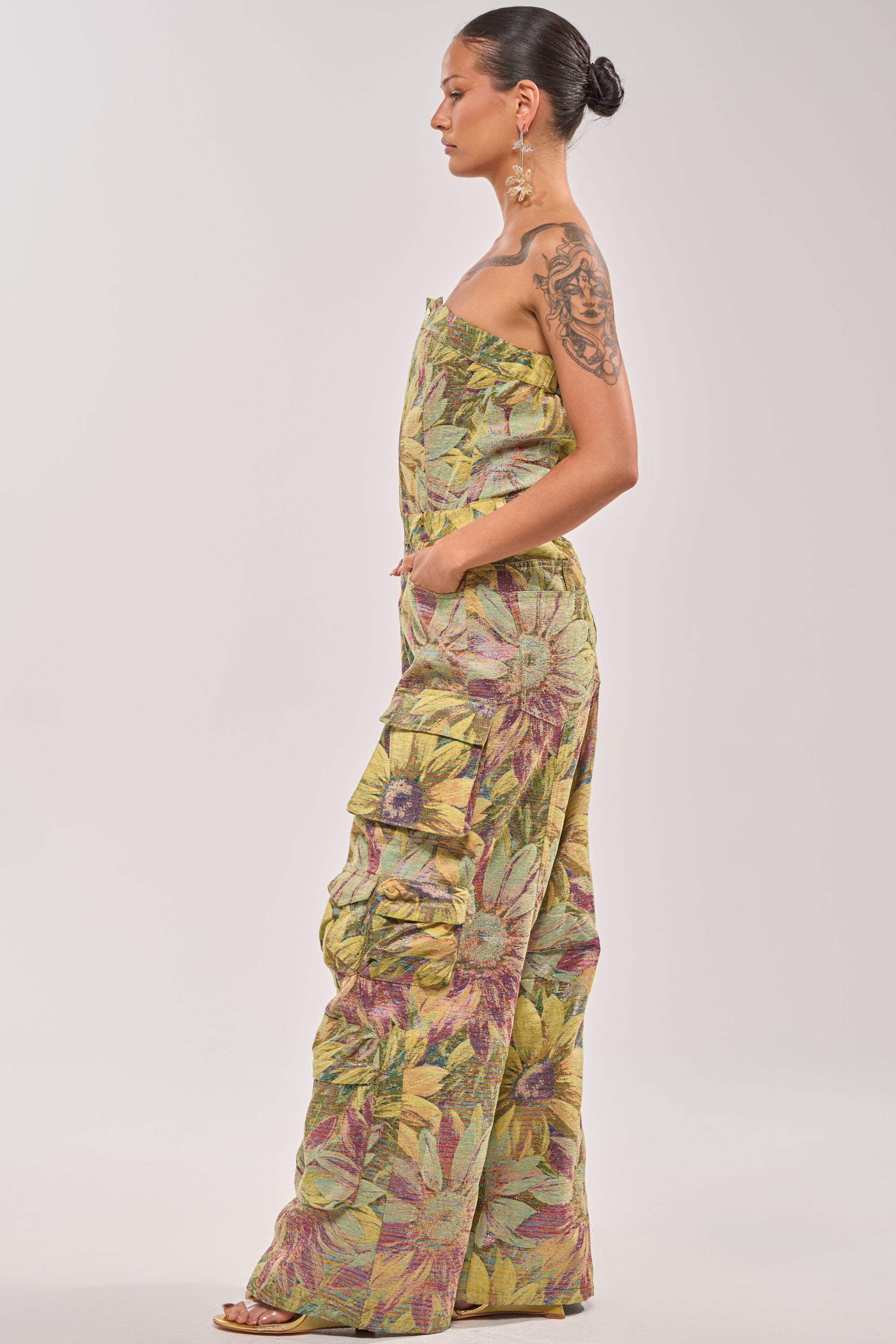SMELL THE FLOWERS BROCADE STRAPLESS JUMPSUIT