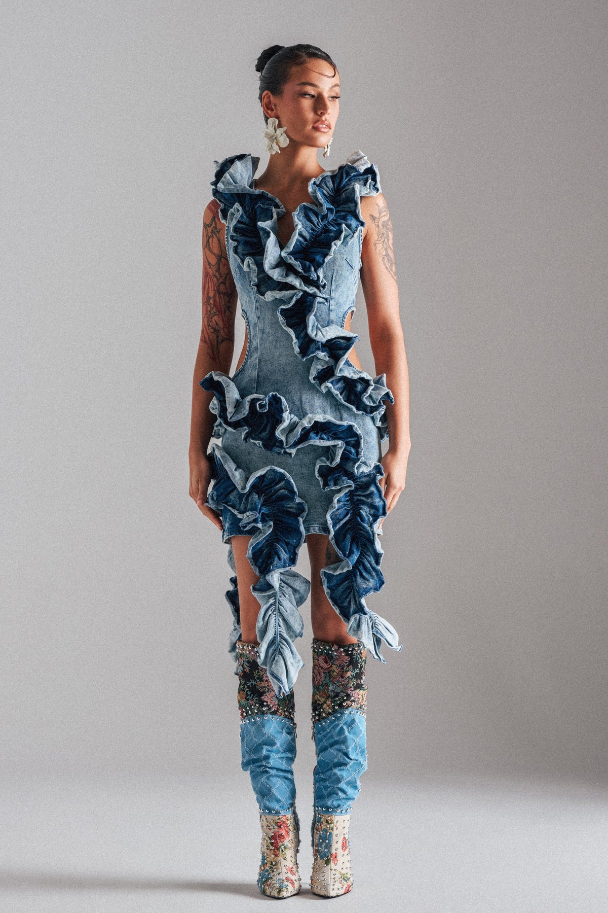 SAY IT AGAIN RUFFLED DENIM MINI DRESS