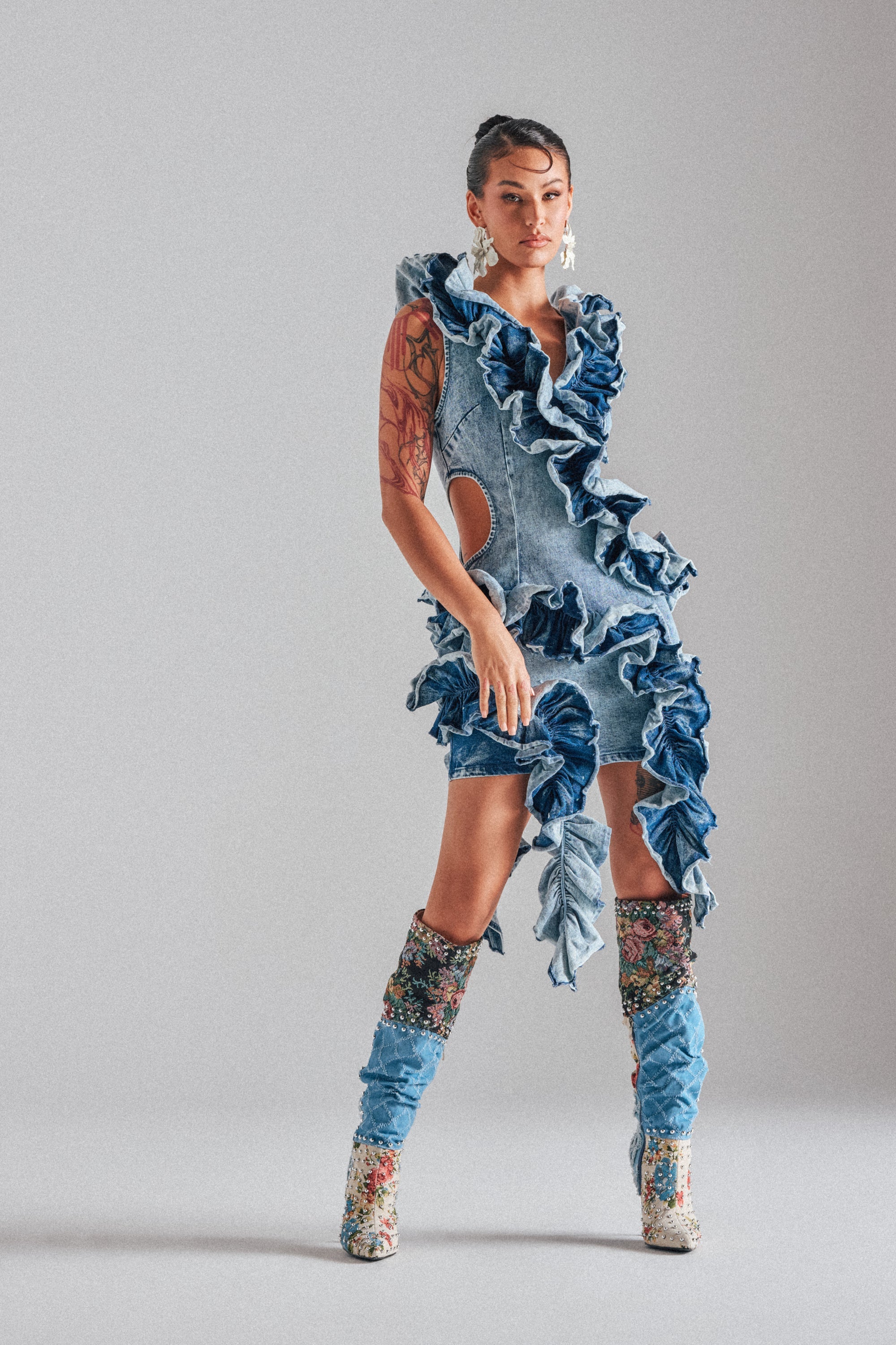 SAY IT AGAIN RUFFLED DENIM MINI DRESS