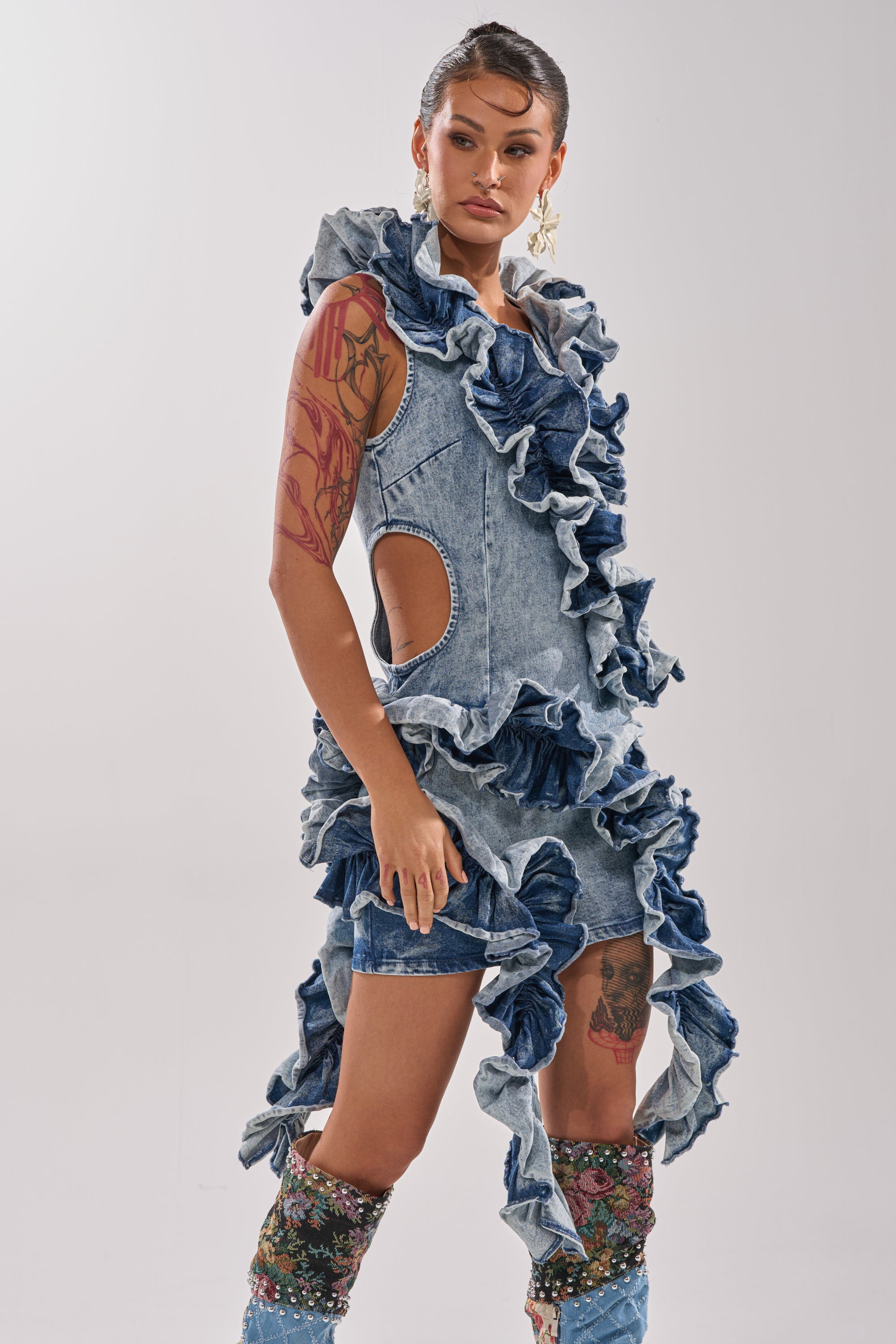 SAY IT AGAIN RUFFLED DENIM MINI DRESS