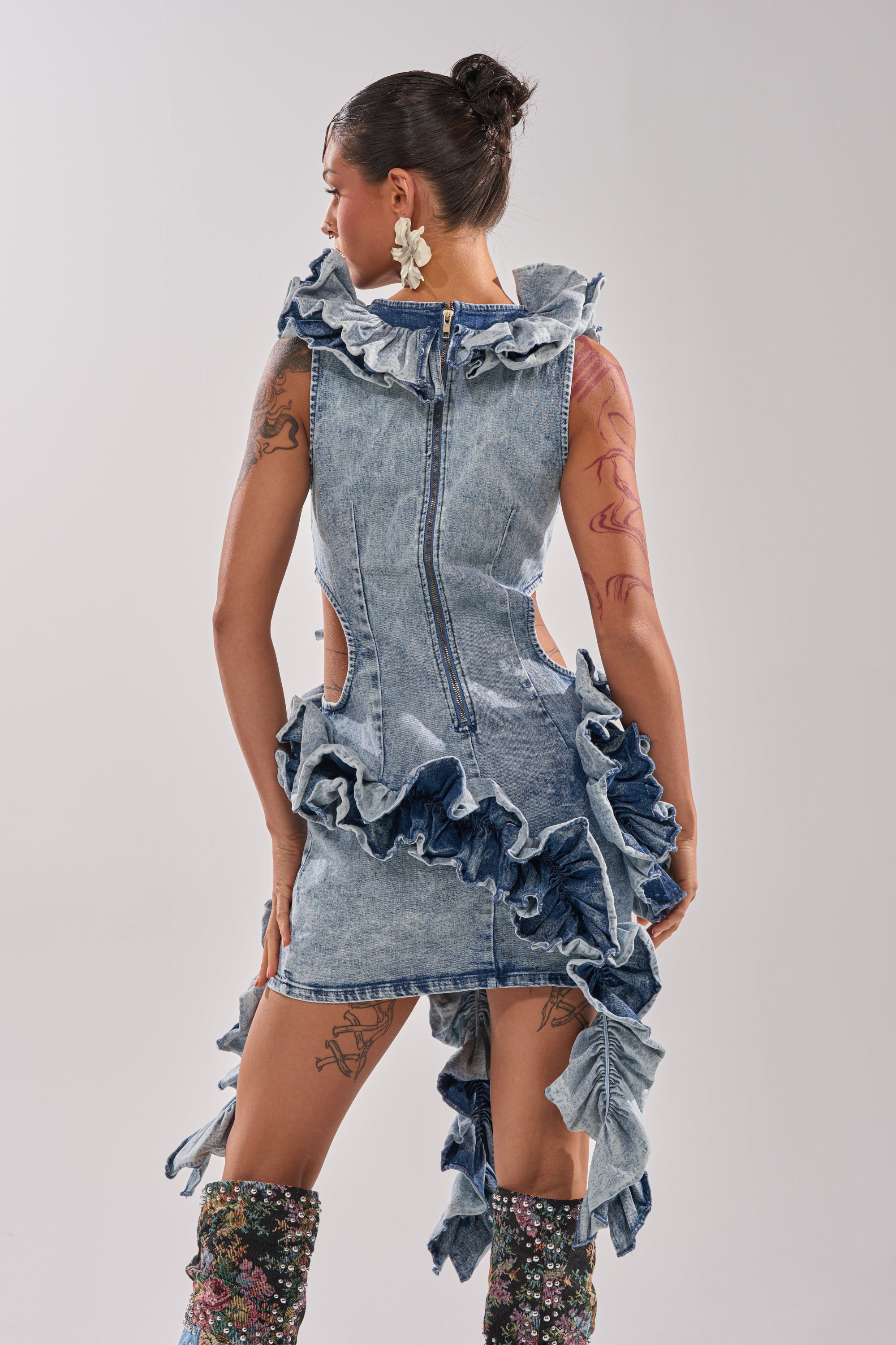 SAY IT AGAIN RUFFLED DENIM MINI DRESS