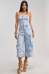 ALICIA CROPPED CARGO JUMPSUIT IN LIGHT BLUE DENIM