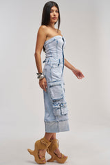 ALICIA CROPPED CARGO JUMPSUIT IN LIGHT BLUE DENIM