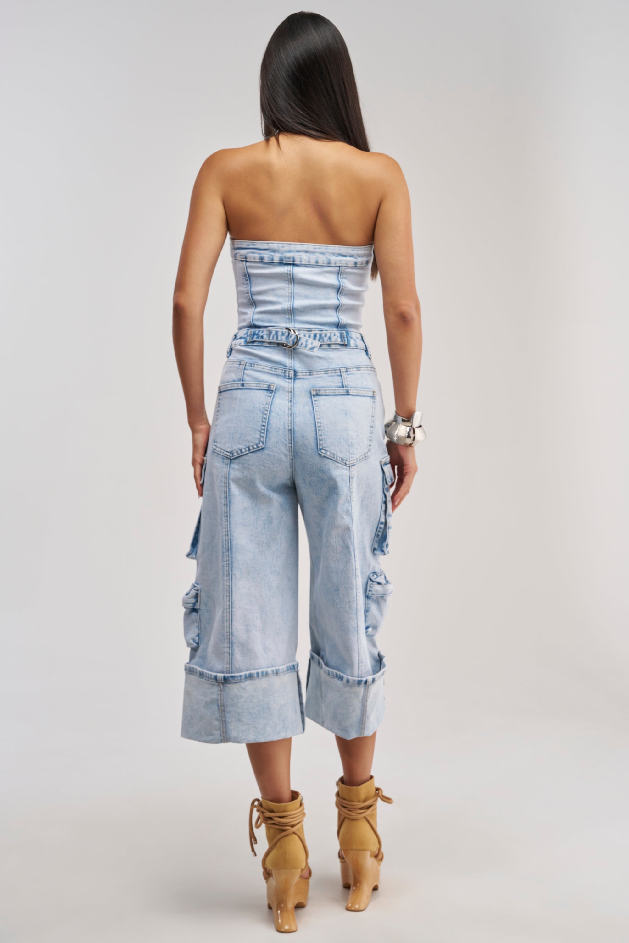 ALICIA CROPPED CARGO JUMPSUIT IN LIGHT BLUE DENIM