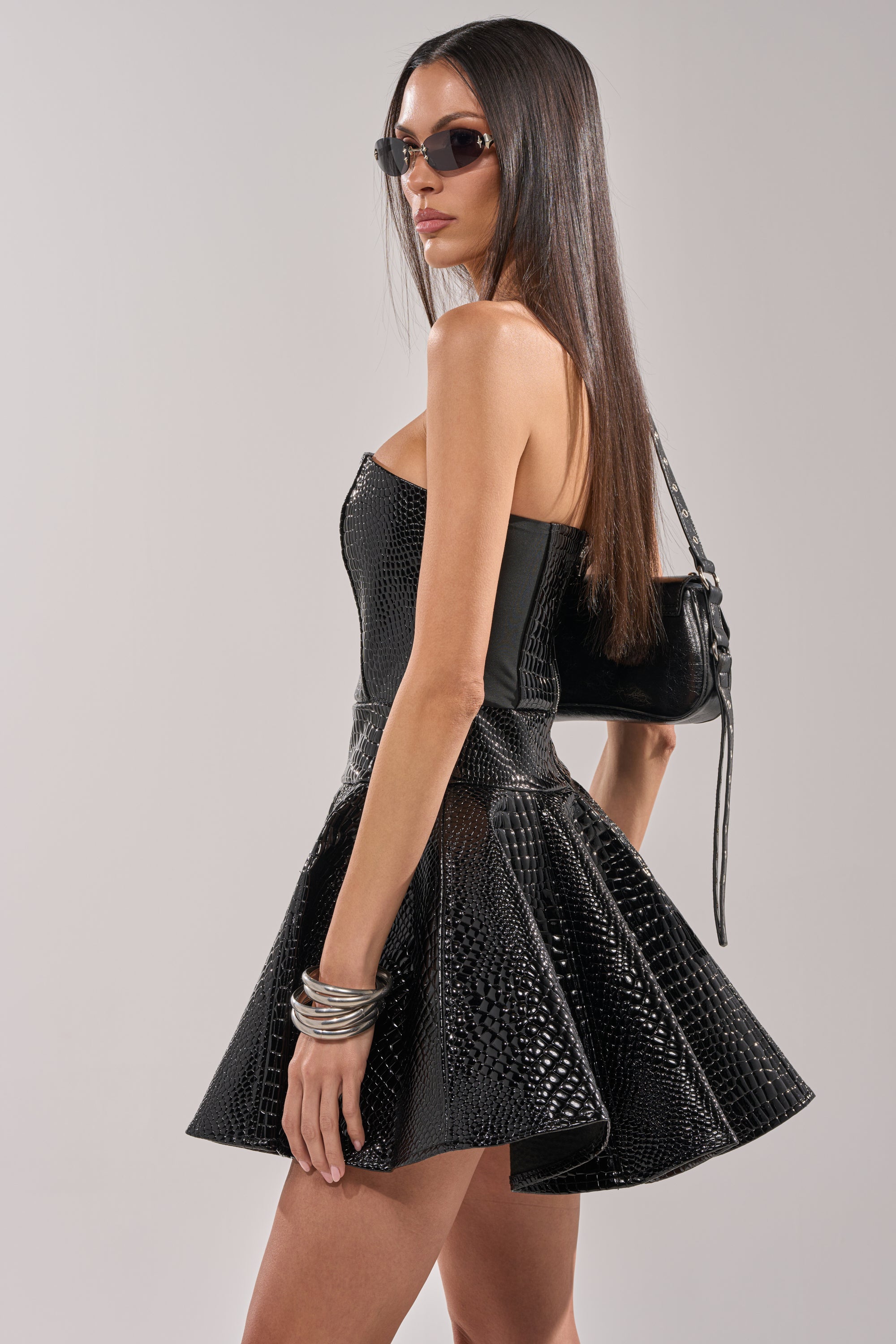 VAL FAUX LEATHER MINI DRESS IN CROC