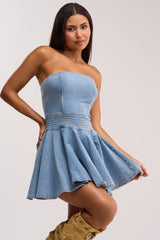 SWEET LIKE ME STRAPLESS DENIM MINI DRESS IN MEDIUM BLUE