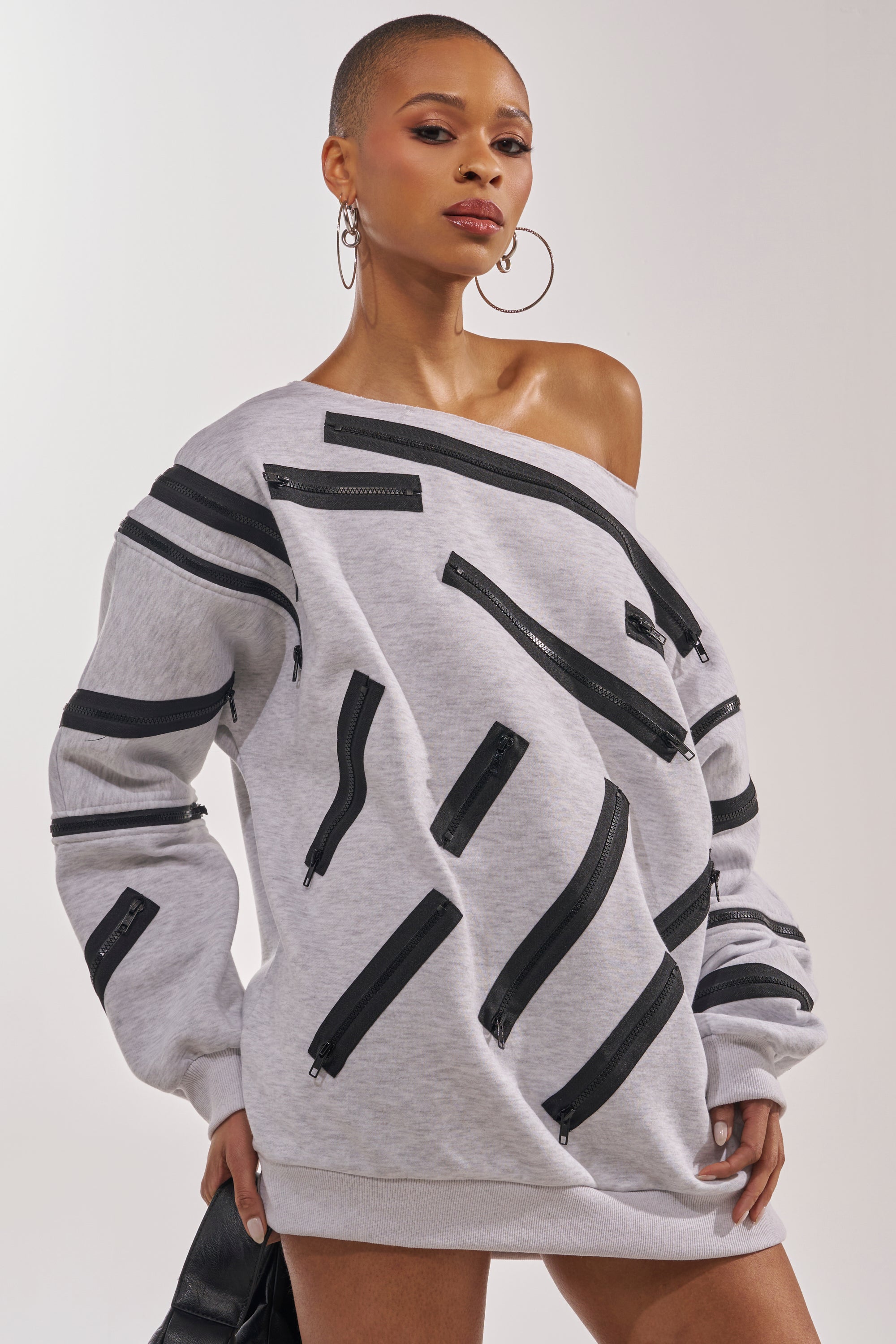 ZIP ZAP OFF THE SHOULDER SWEATSHIRT DRESS-GREY MULTI