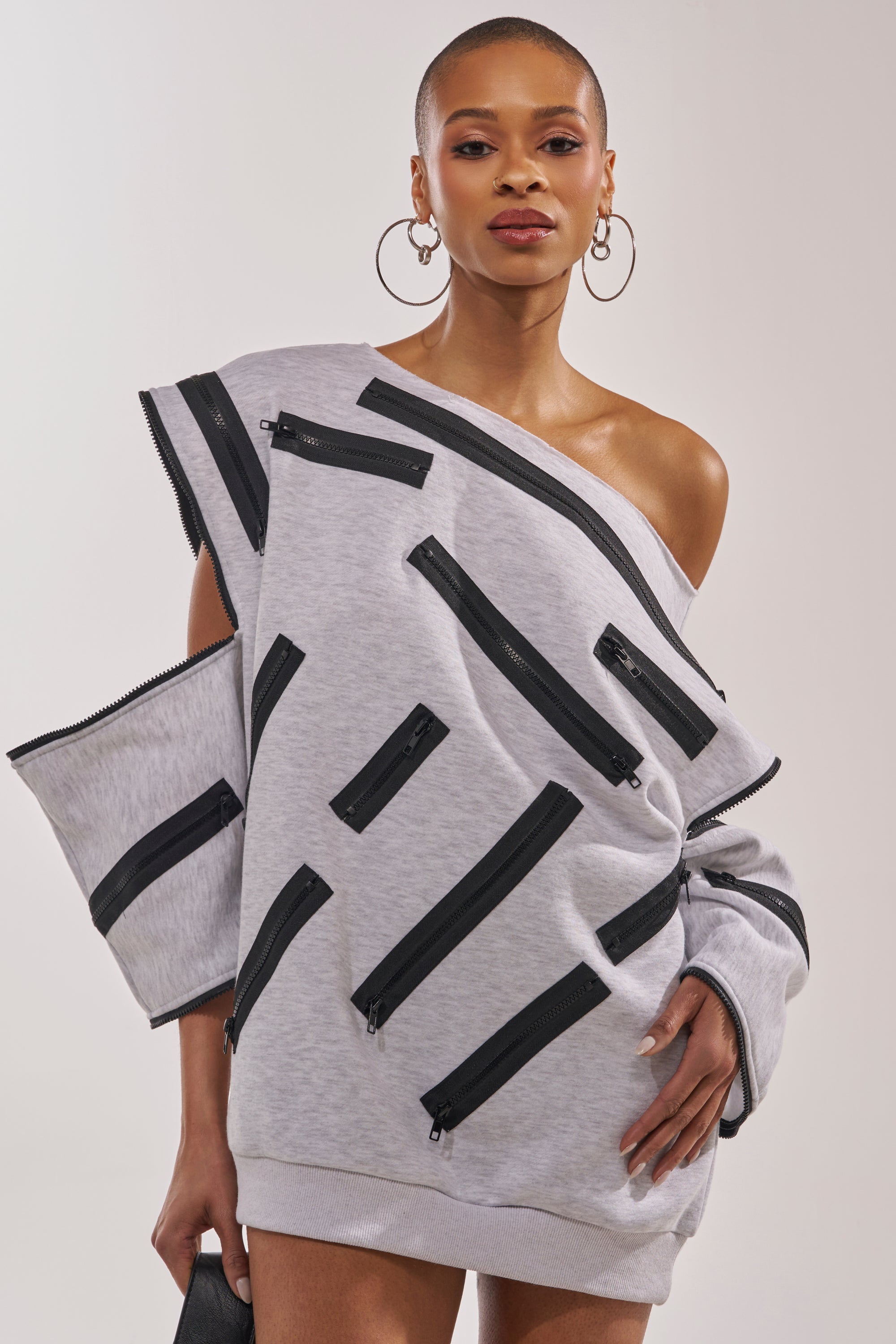 ZIP ZAP OFF THE SHOULDER SWEATSHIRT DRESS-GREY MULTI