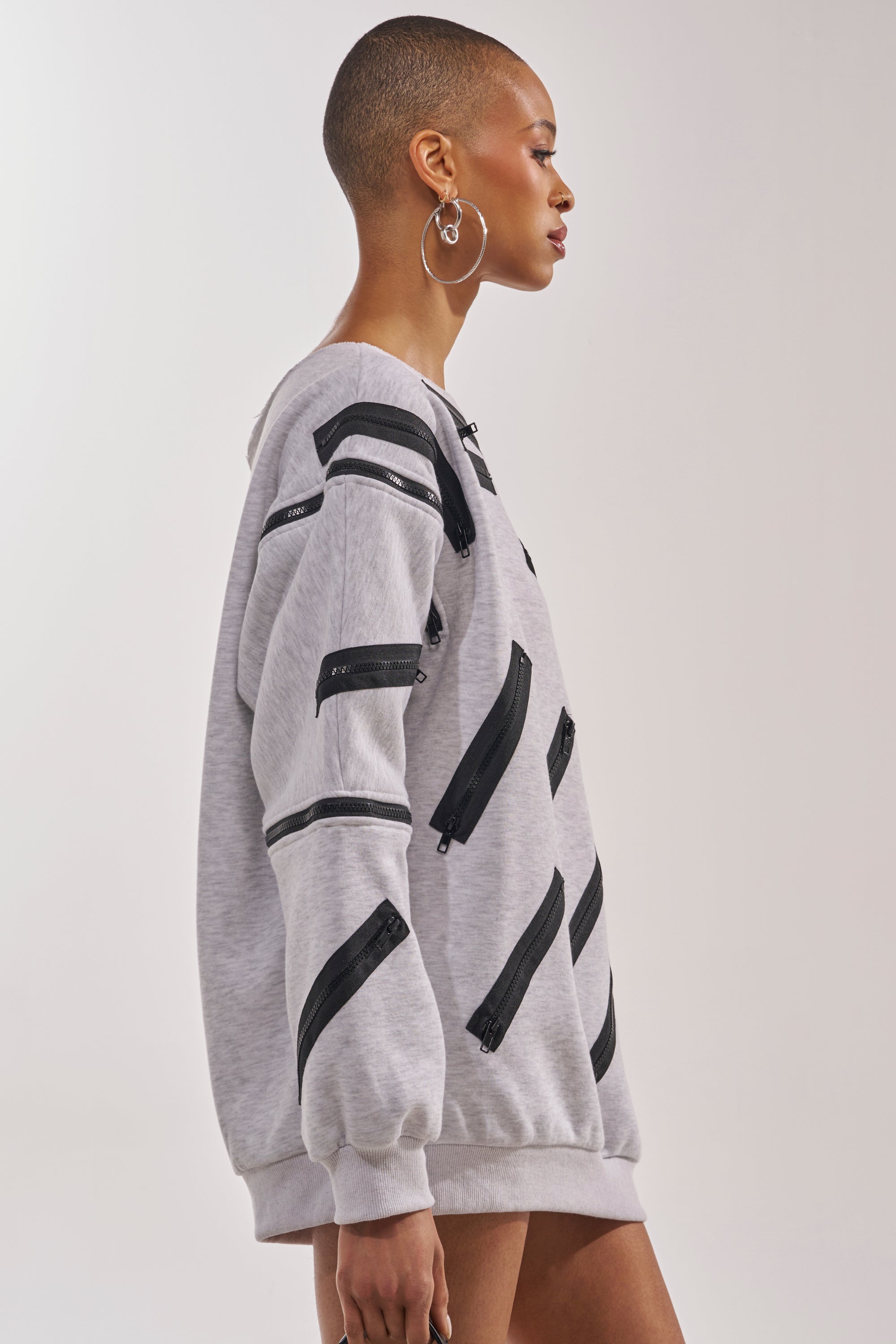 ZIP ZAP OFF THE SHOULDER SWEATSHIRT DRESS-GREY MULTI