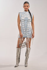 ALL ABOUT IT LACE UP MINI DRESS IN LIGHT BLUE DENIM