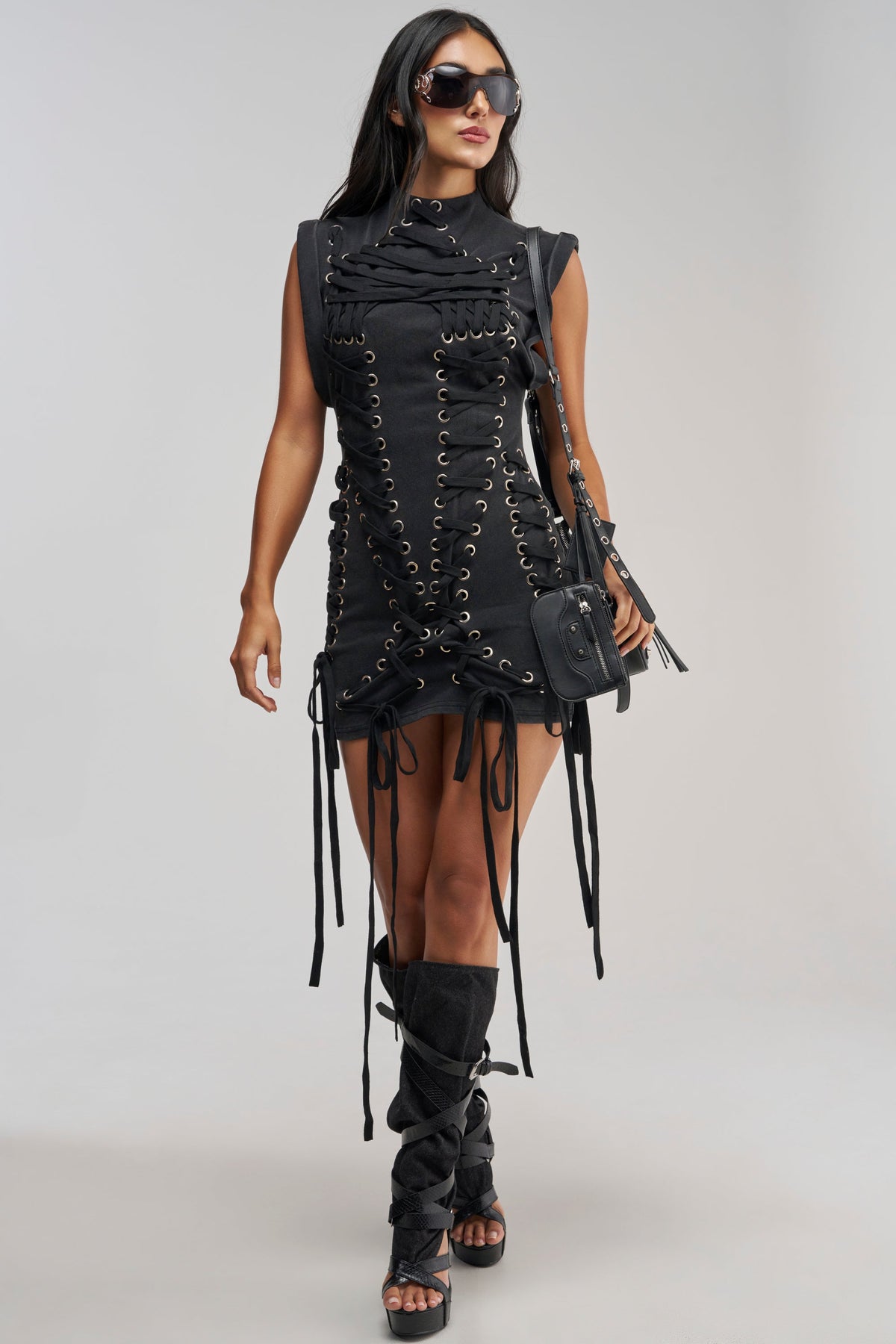 BANKS LACE UP MOCK NECK KNIT MINI DRESS