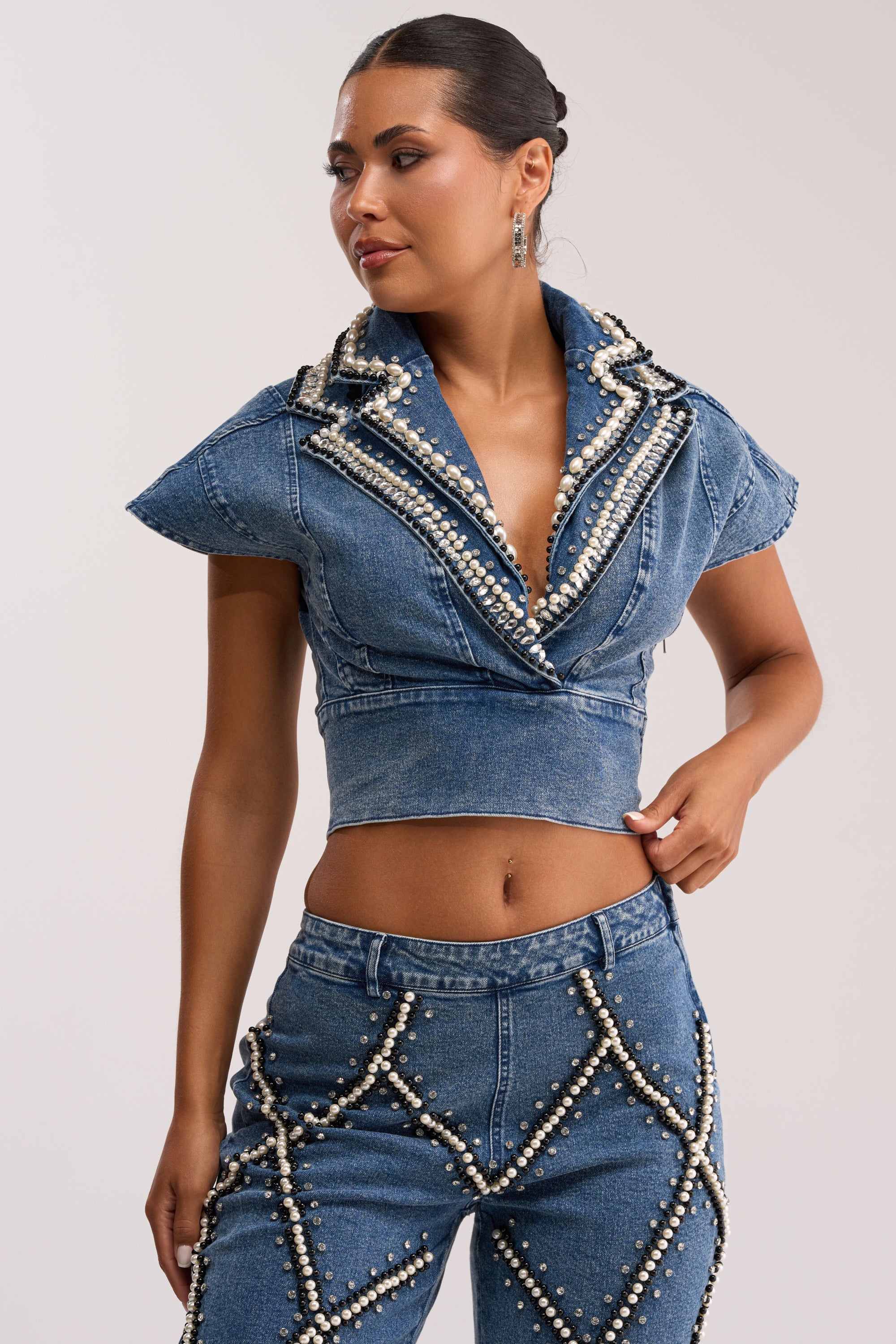 DRIPPING IN PEARLS DENIM BLOUSE