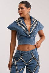 DRIPPING IN PEARLS DENIM BLOUSE