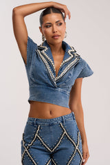 DRIPPING IN PEARLS DENIM BLOUSE