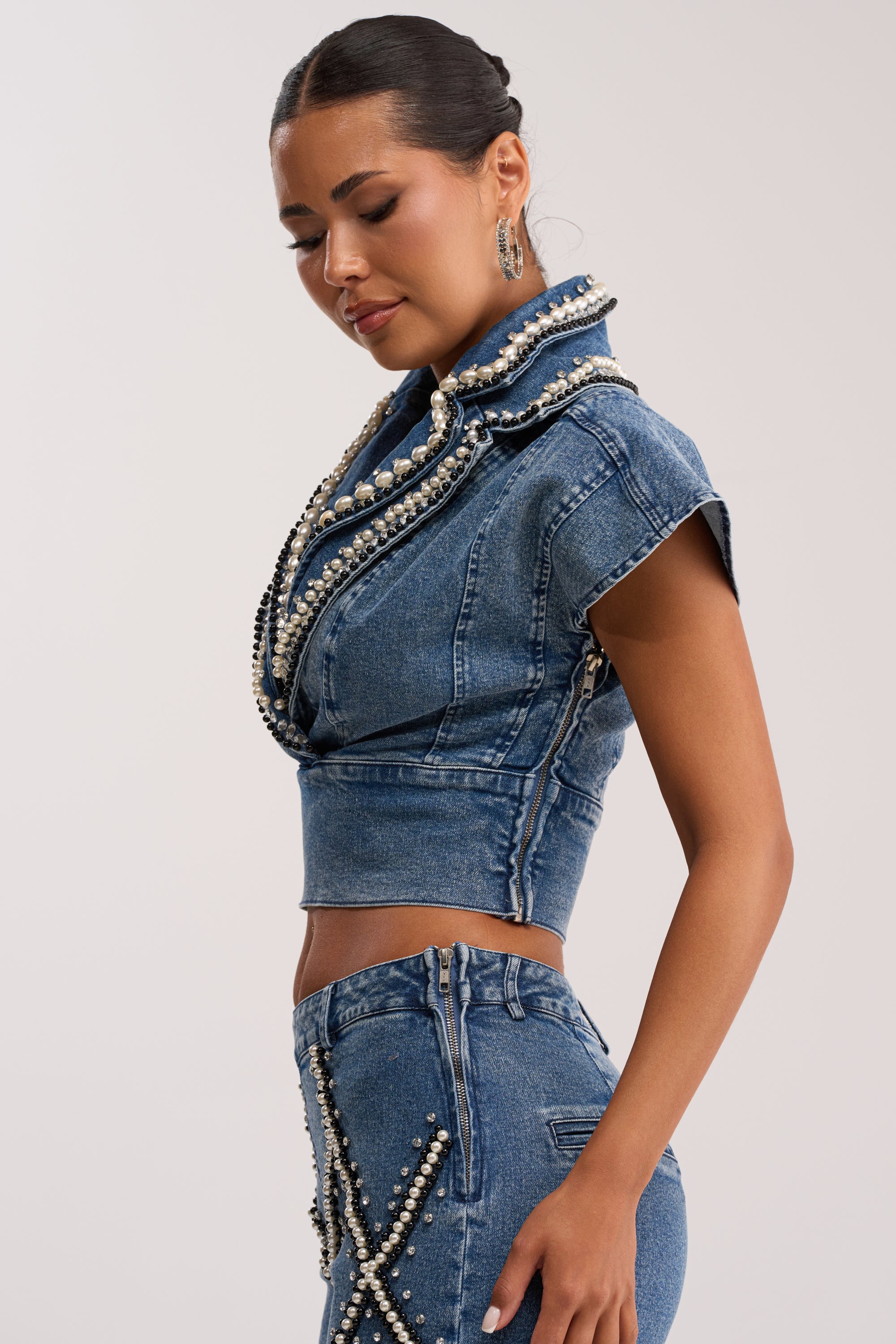 DRIPPING IN PEARLS DENIM BLOUSE