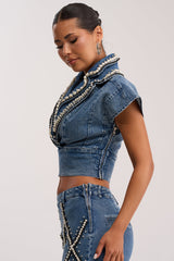 DRIPPING IN PEARLS DENIM BLOUSE