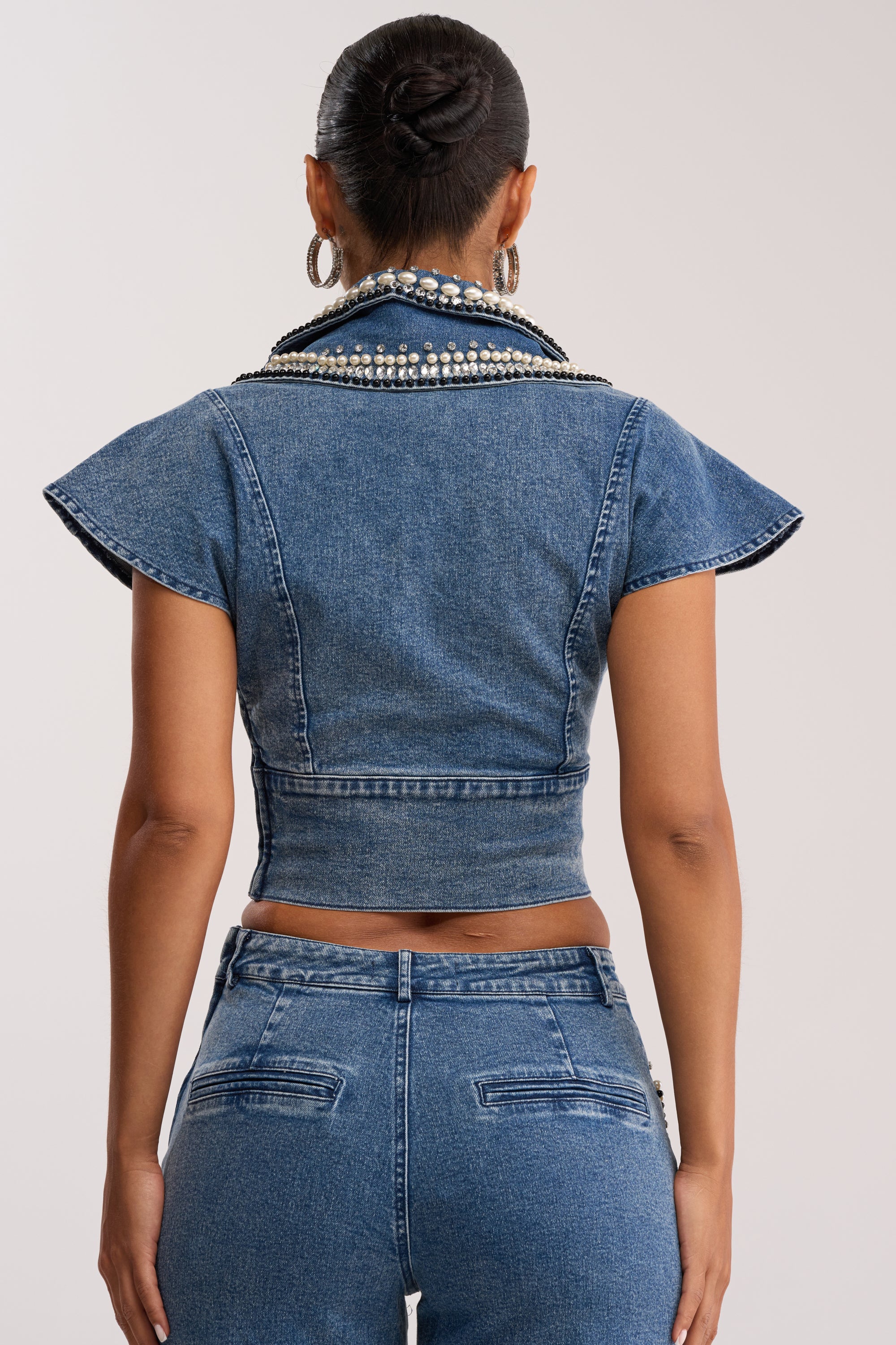 DRIPPING IN PEARLS DENIM BLOUSE
