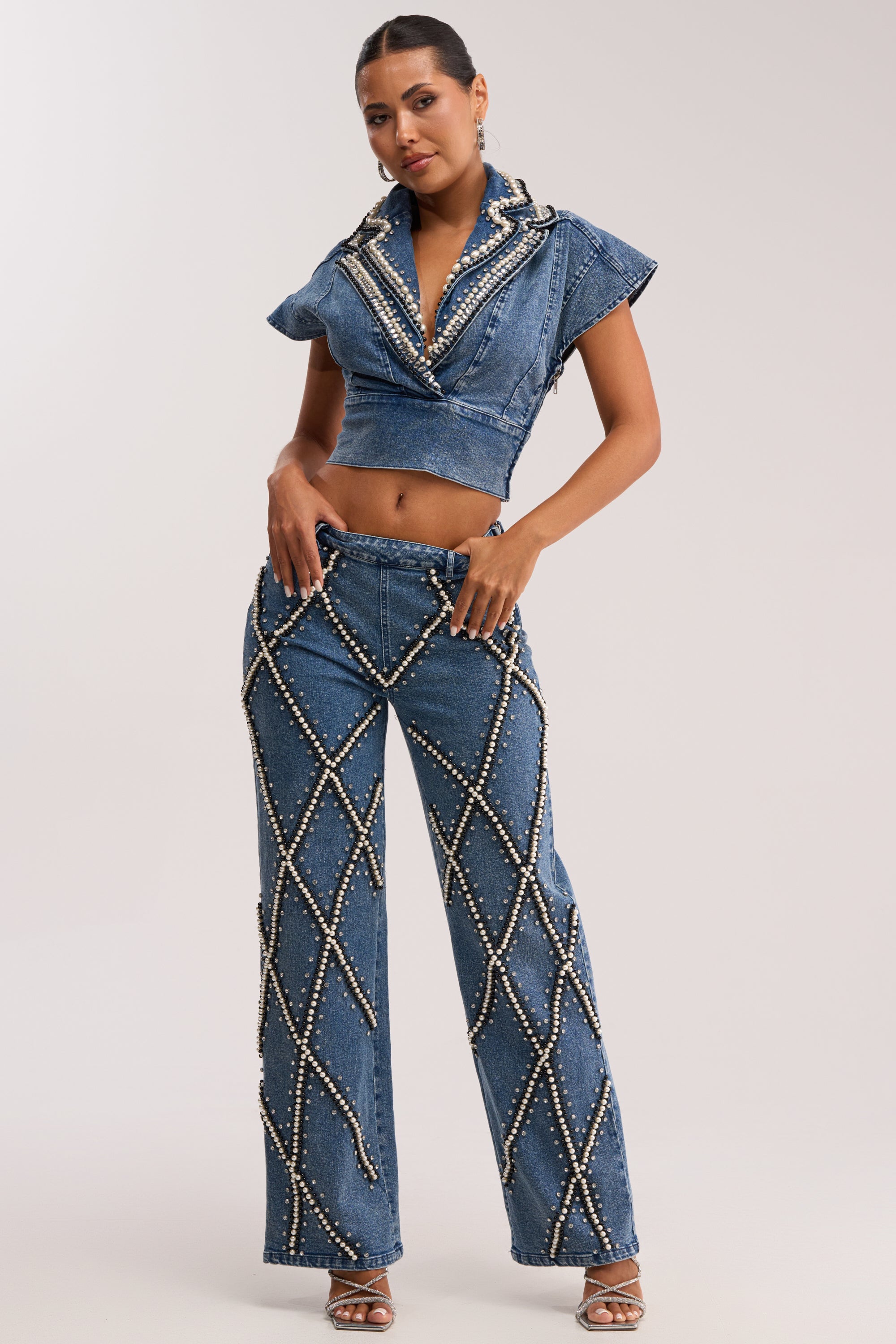 DRIPPING IN PEARLS DENIM BLOUSE