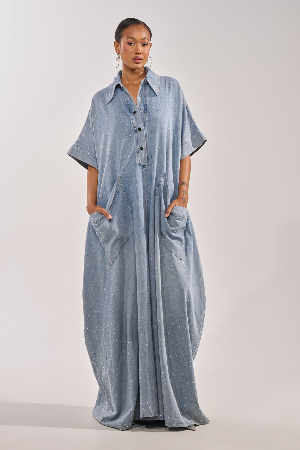 GINA DENIM RHINESTONE JUMPSUIT
