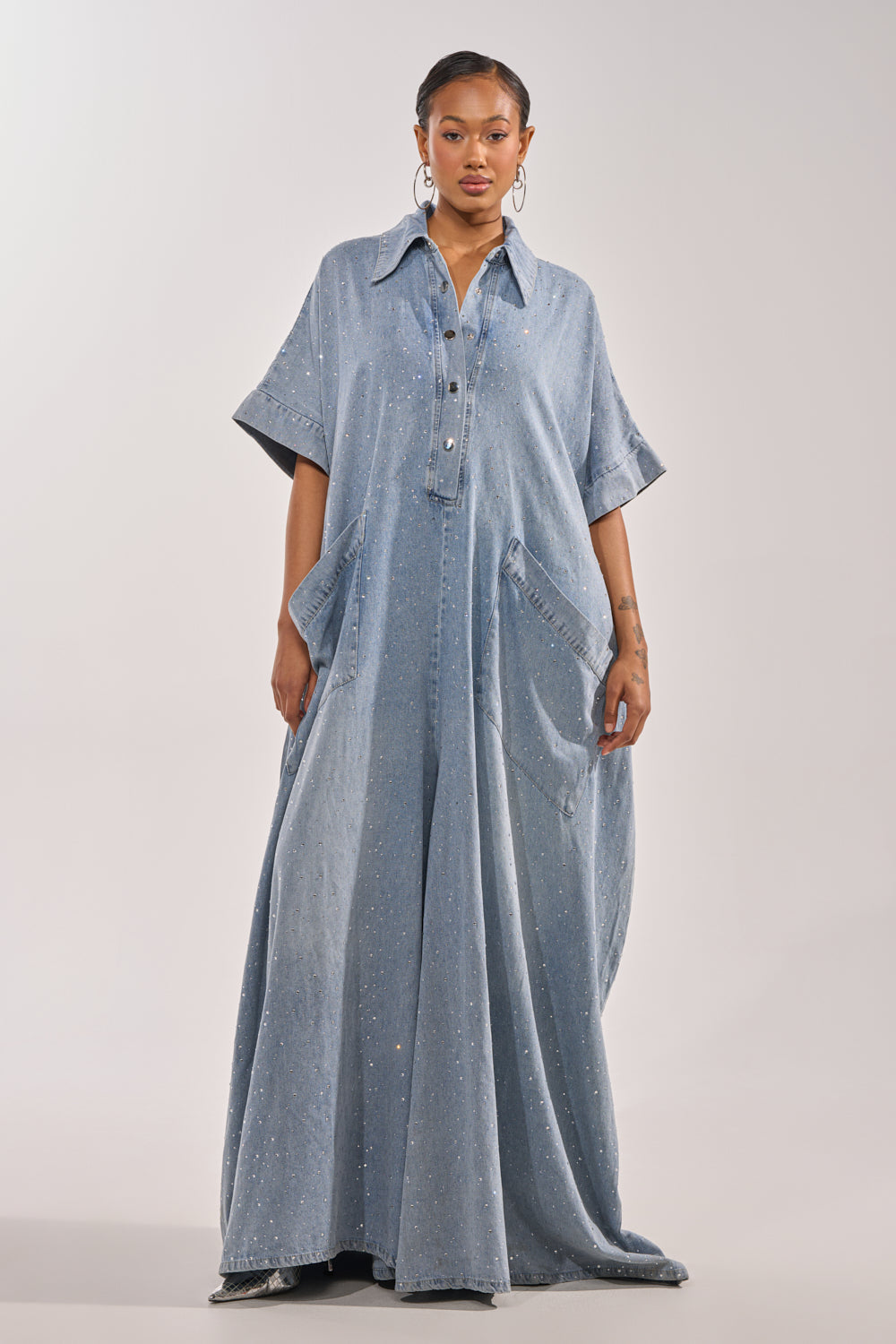 GINA DENIM RHINESTONE JUMPSUIT
