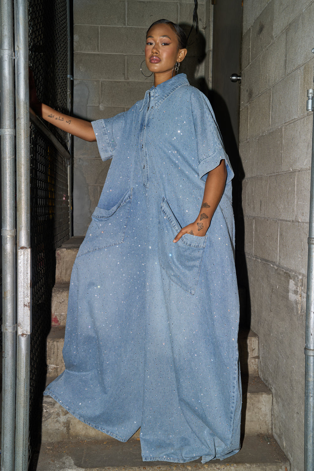 GINA DENIM RHINESTONE JUMPSUIT