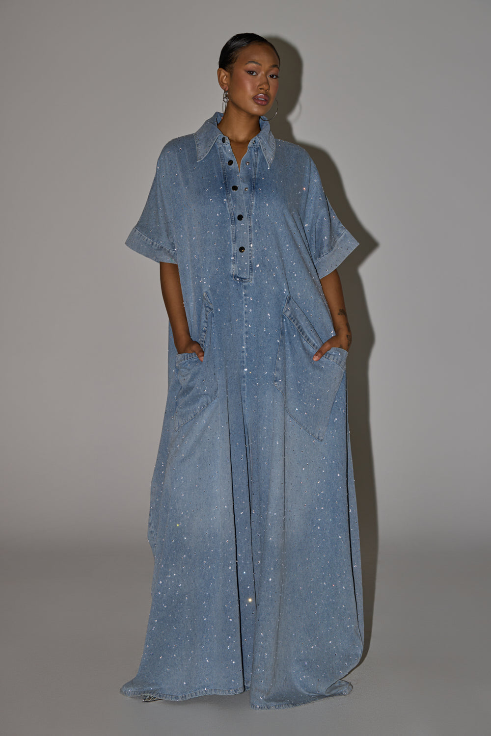 GINA DENIM RHINESTONE JUMPSUIT