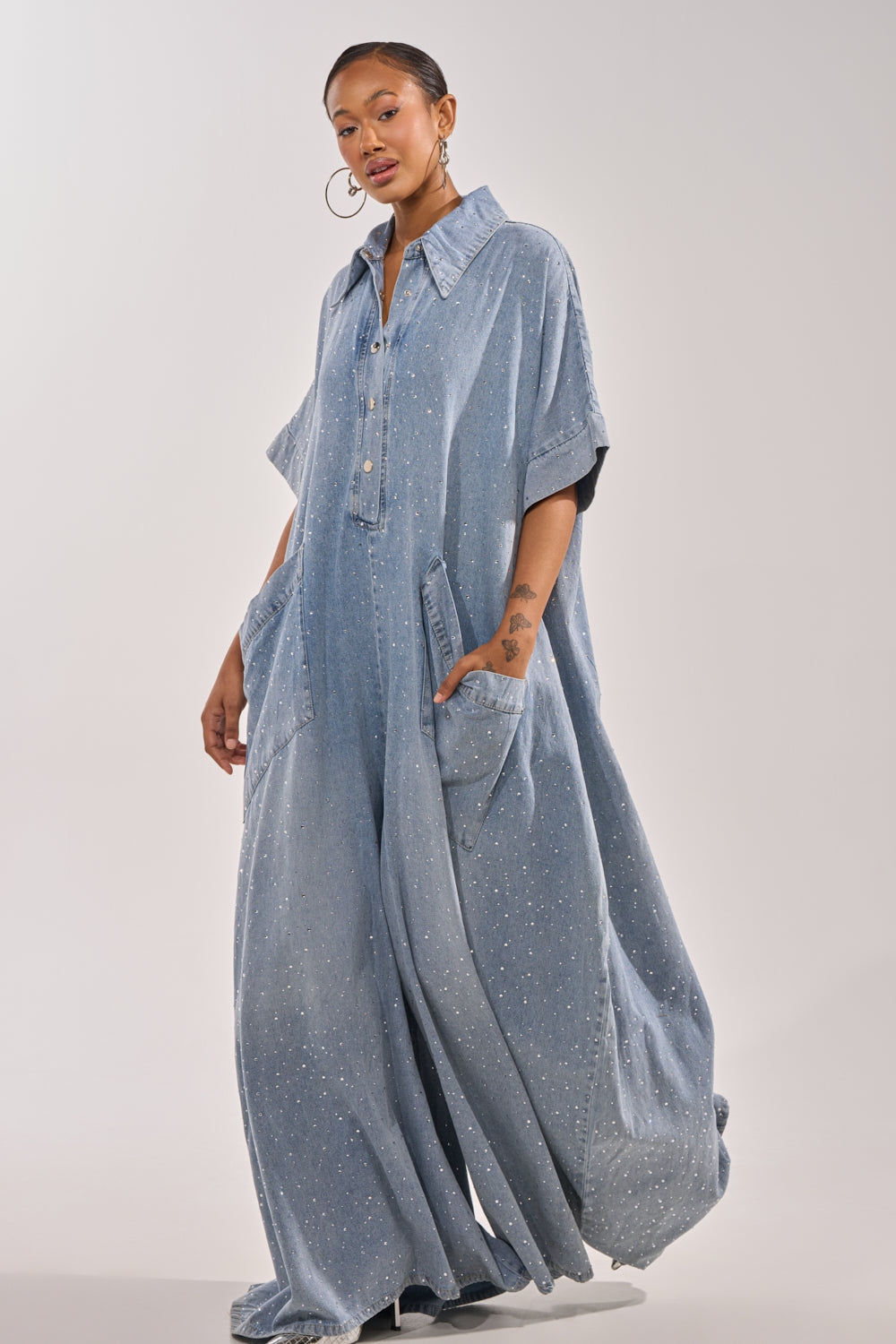 GINA DENIM RHINESTONE JUMPSUIT