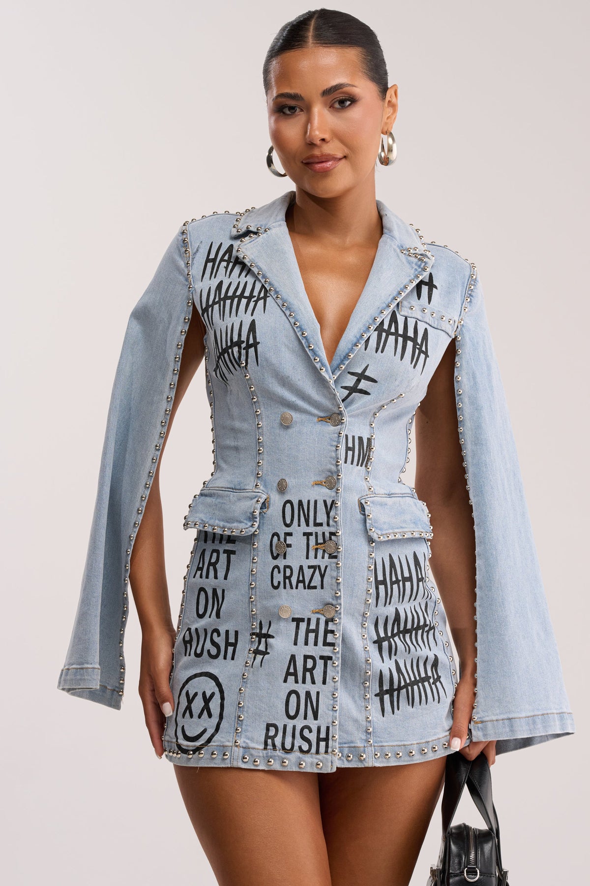 MARK MY WORDS GRAPHIC STUDDED CAPE DRESS