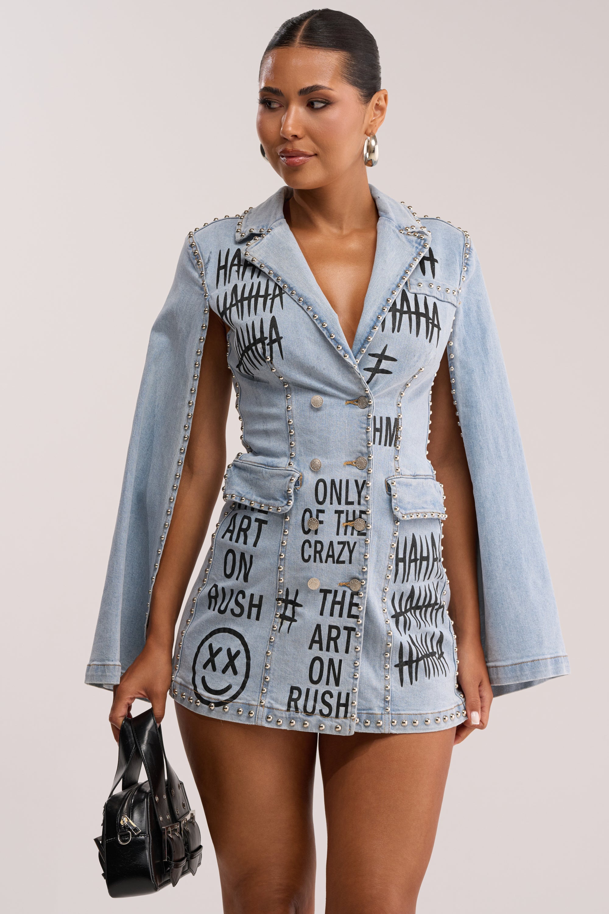 MARK MY WORDS GRAPHIC STUDDED CAPE DRESS
