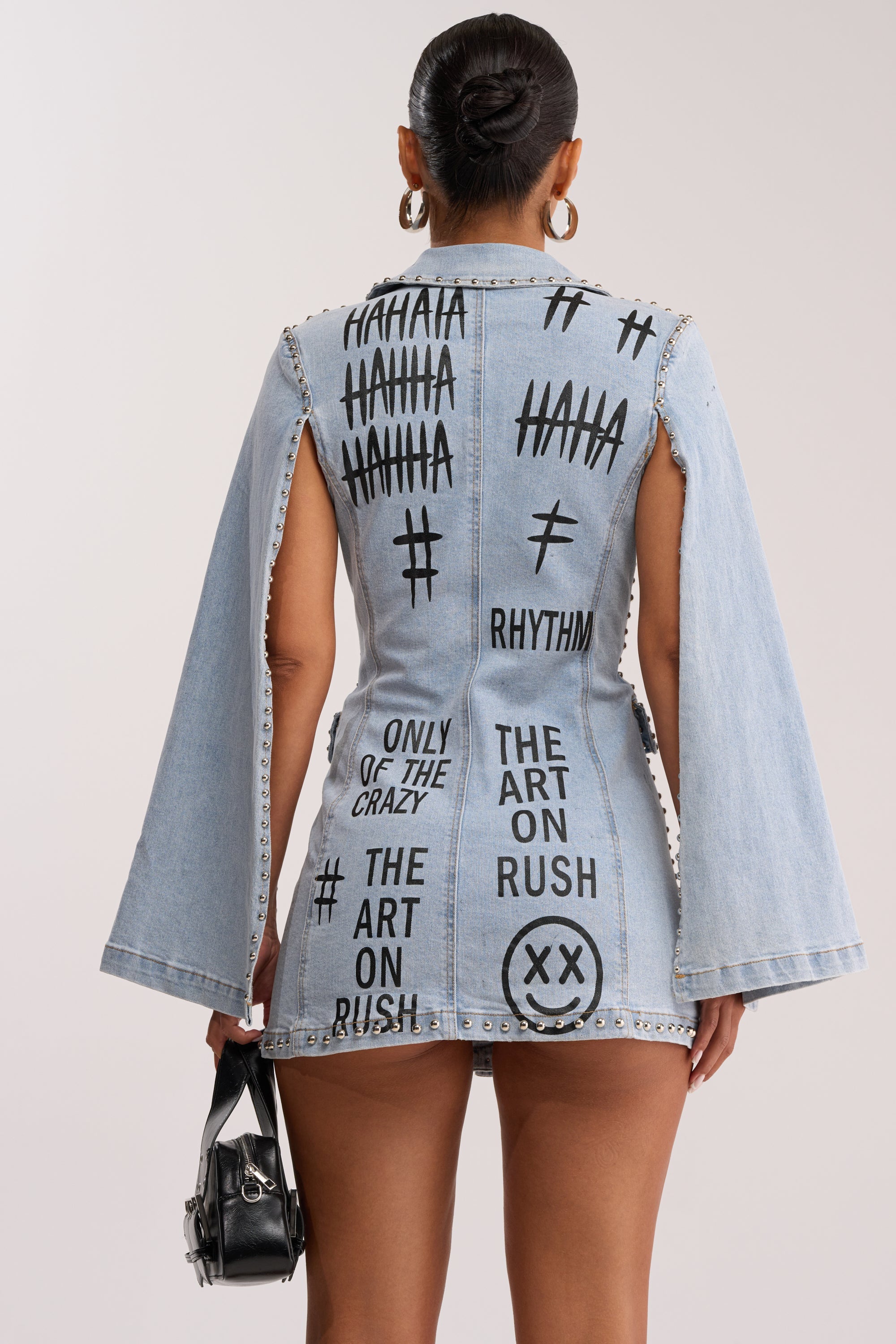 MARK MY WORDS GRAPHIC STUDDED CAPE DRESS
