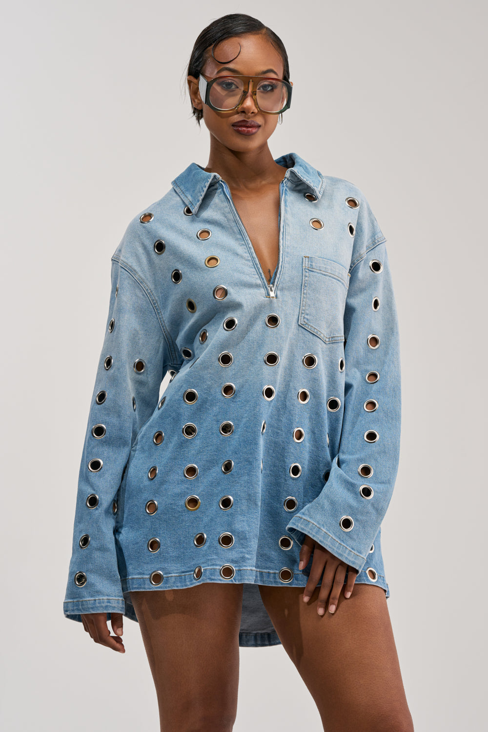 COOL GIRL OVERSIZED GROMMET SHIRT DRESS IN DENIM