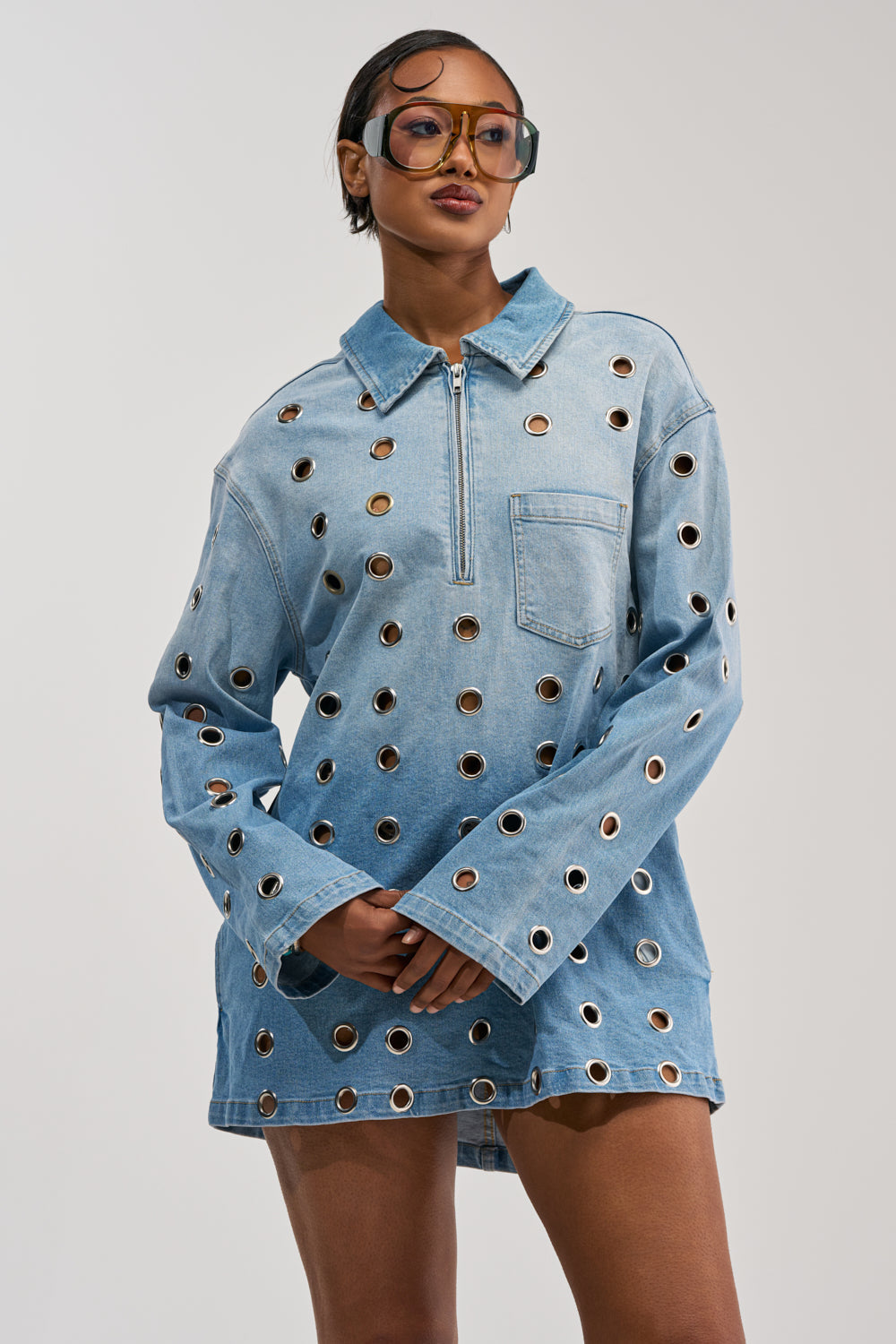 COOL GIRL OVERSIZED GROMMET SHIRT DRESS IN DENIM